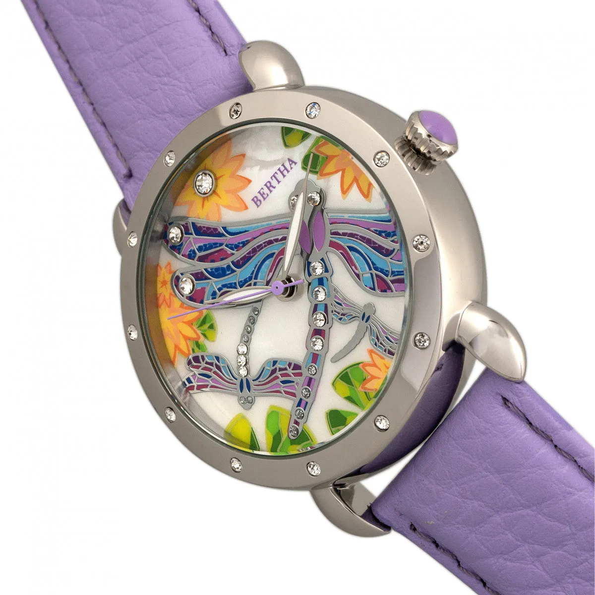 Bertha Jennifer MOP Leather-Band Ladies Watch - Silver/Lavender