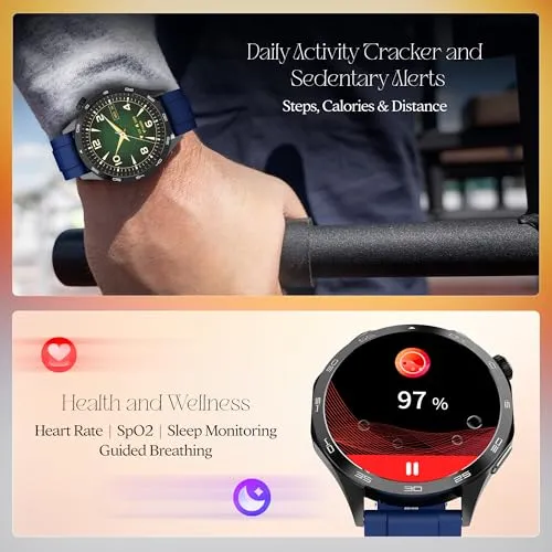 boAt Enigma Radiant Men's Luxury Watch w/Functional Crown,Bluetooth Calling, Upto 6 Days Battery, Sports Modes, Guided Breathing, 1.43"(3.63 cm) AMOLED Display Fitness Smart Watch (Deep Blue)