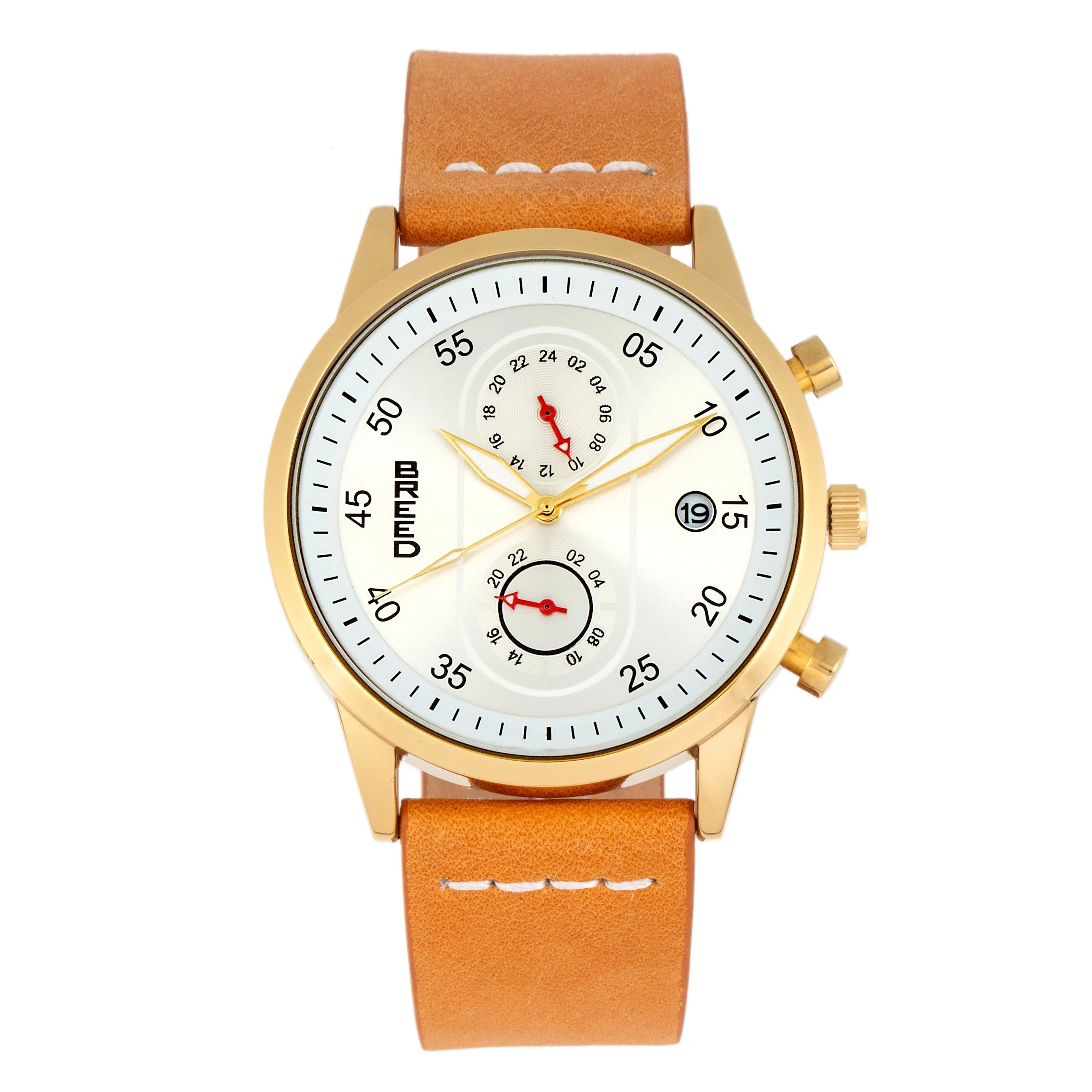 Breed Andreas Leather-Band Watch w/ Date - Gold/Camel