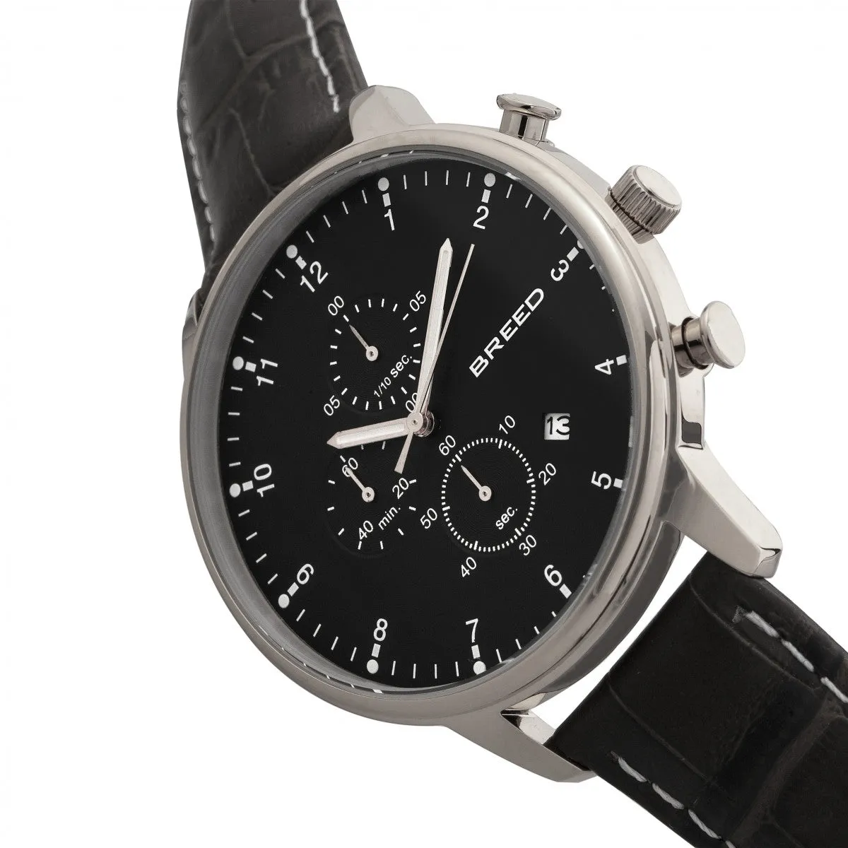 Breed Holden Chronograph Leather-Band Watch w/ Date - Silver/Black