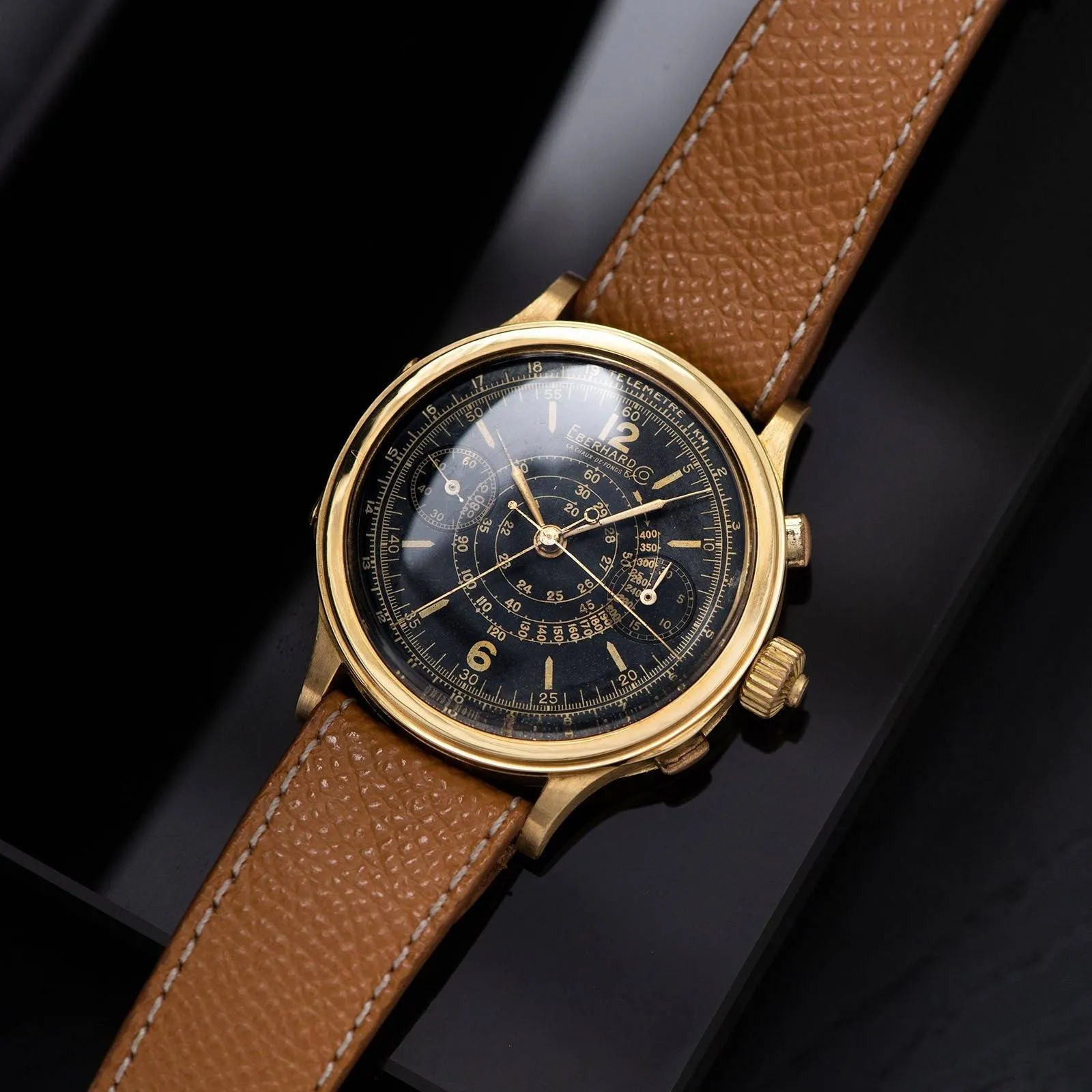 Eberhard Split Seconds Chronograph Yellow Gold Case Gilt Dial