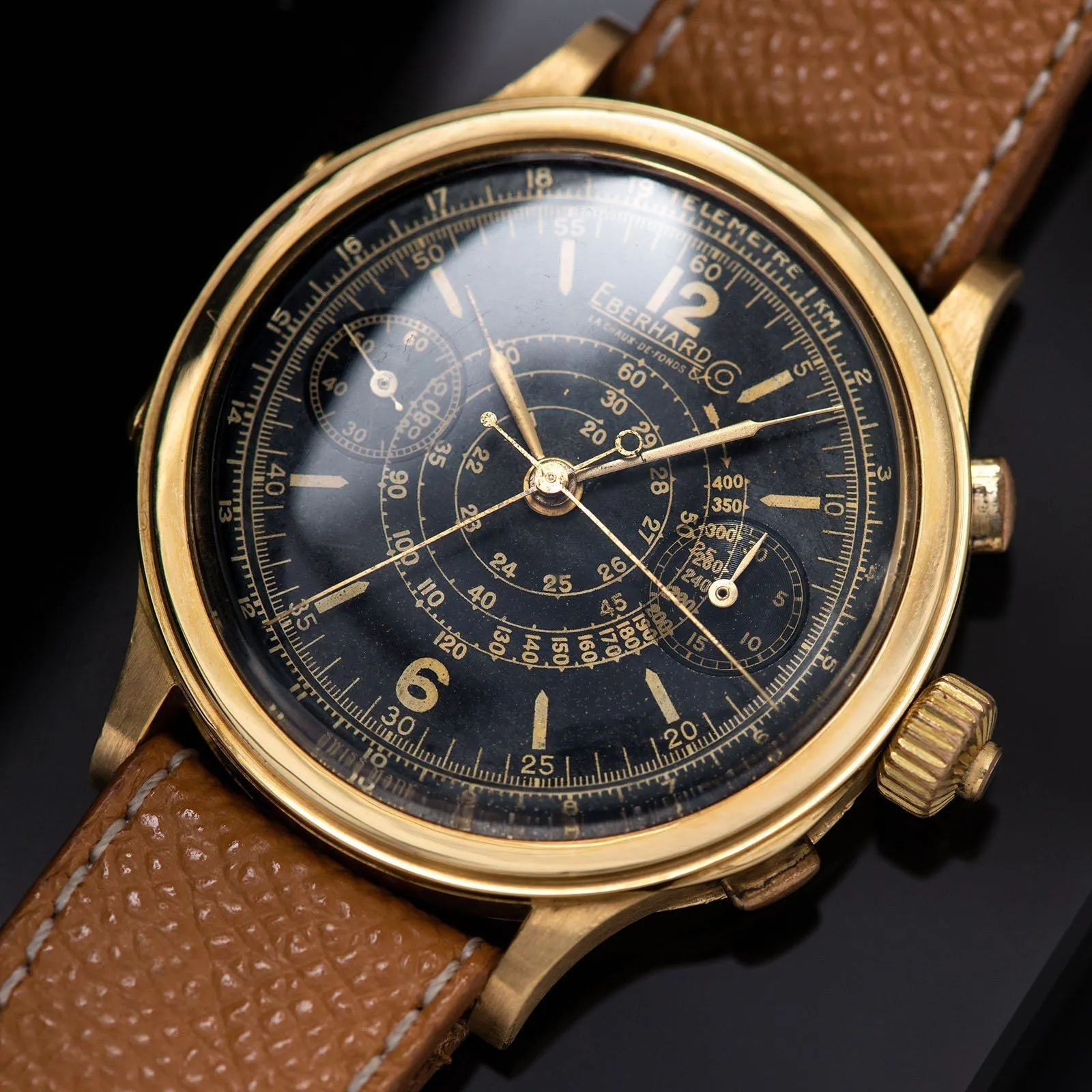 Eberhard Split Seconds Chronograph Yellow Gold Case Gilt Dial