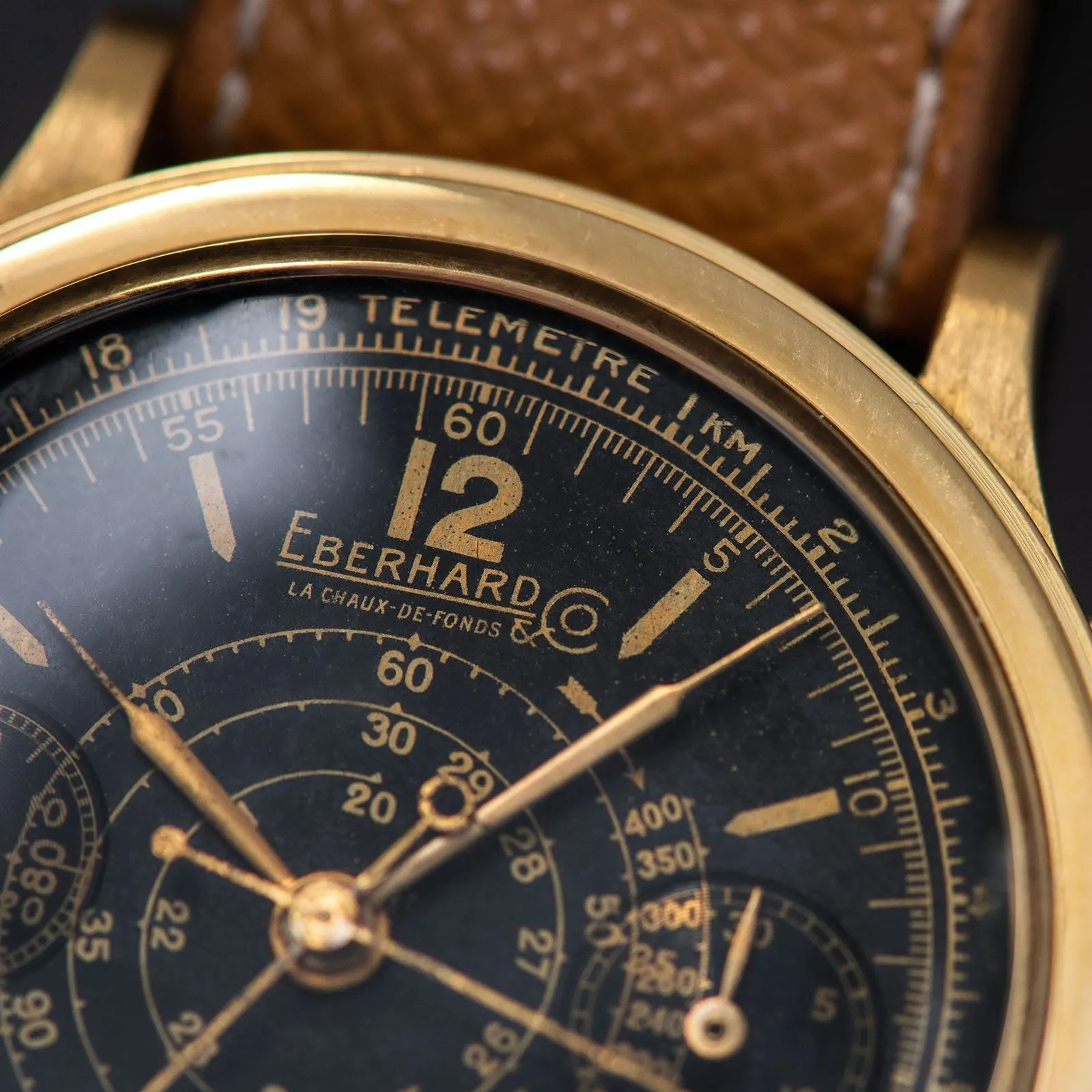 Eberhard Split Seconds Chronograph Yellow Gold Case Gilt Dial