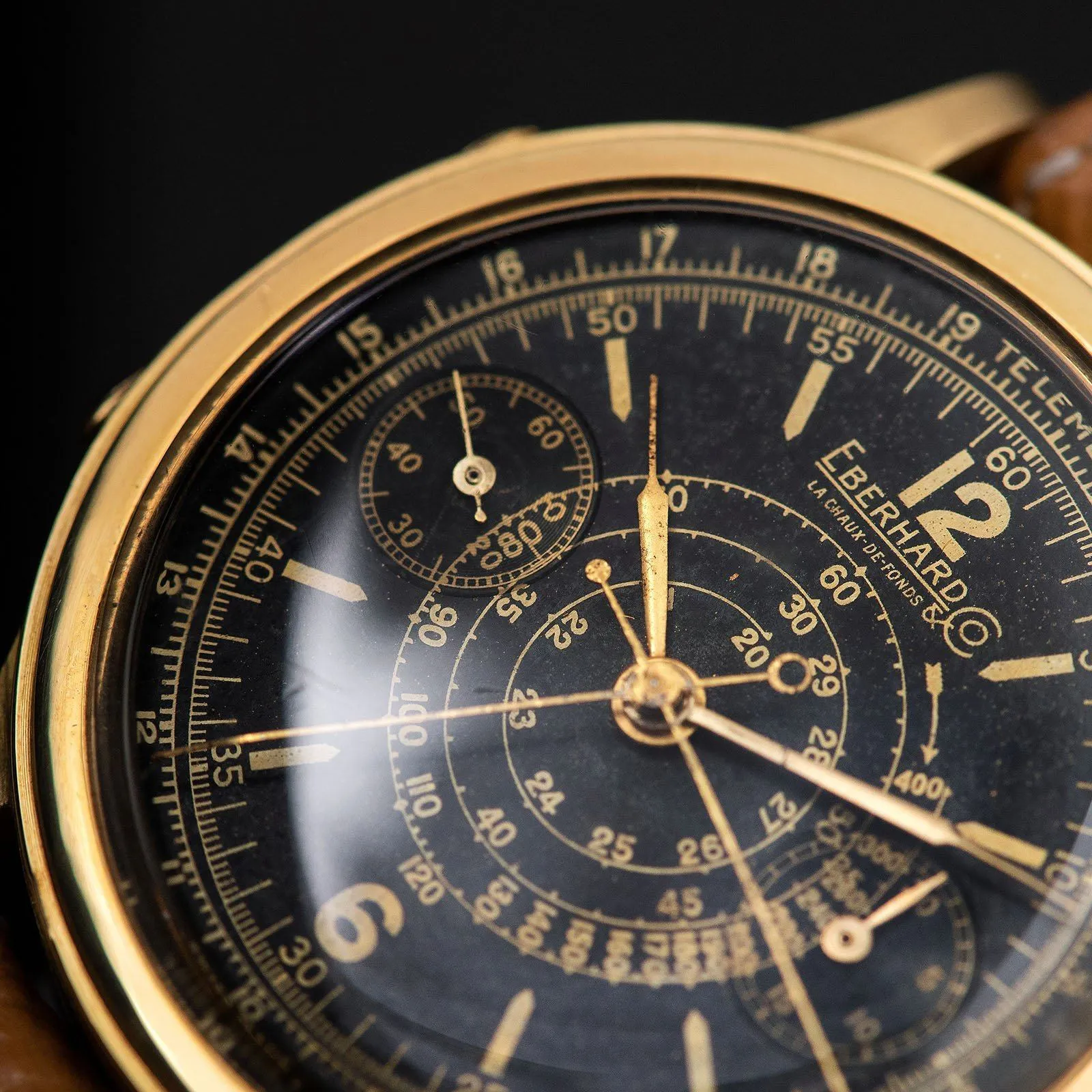 Eberhard Split Seconds Chronograph Yellow Gold Case Gilt Dial