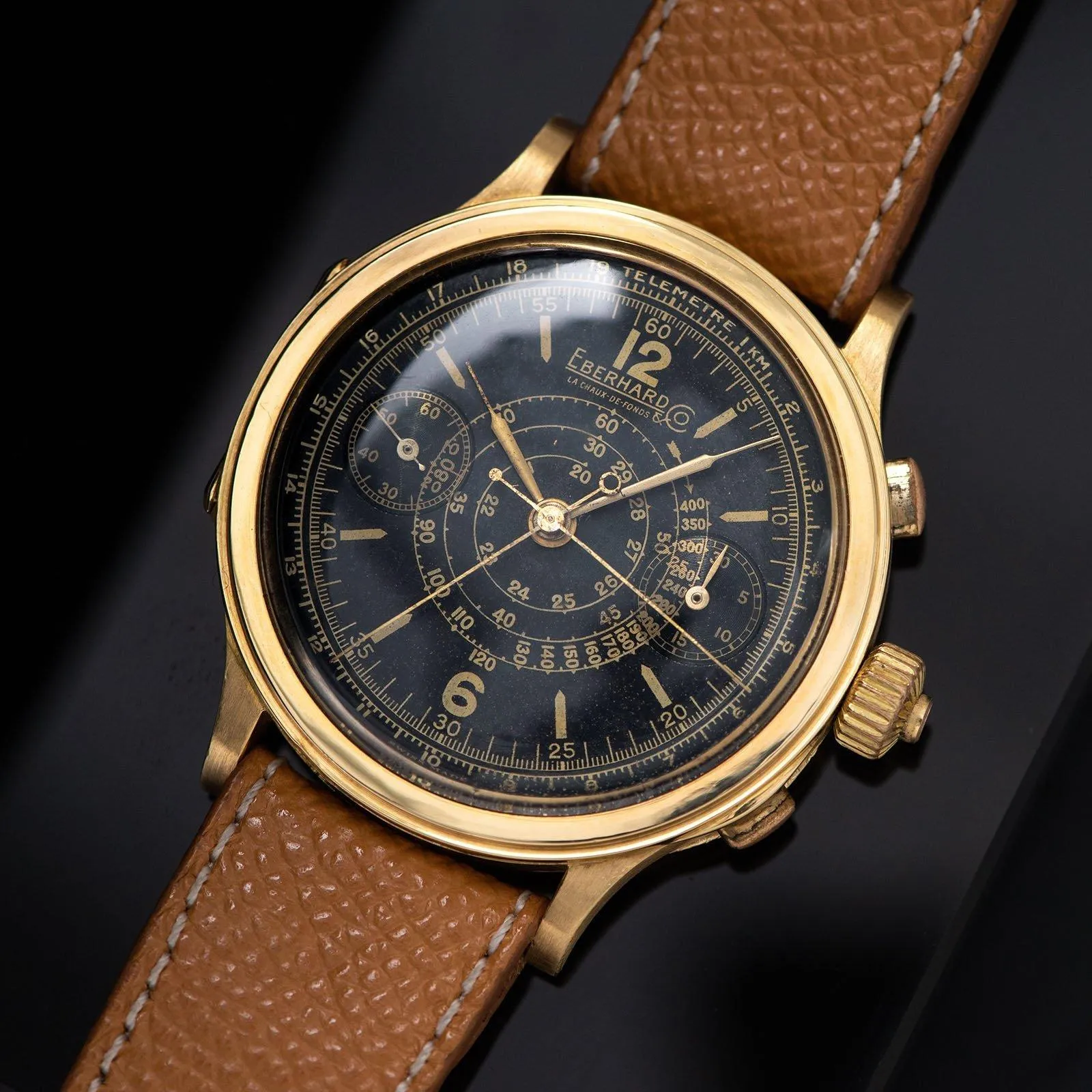 Eberhard Split Seconds Chronograph Yellow Gold Case Gilt Dial