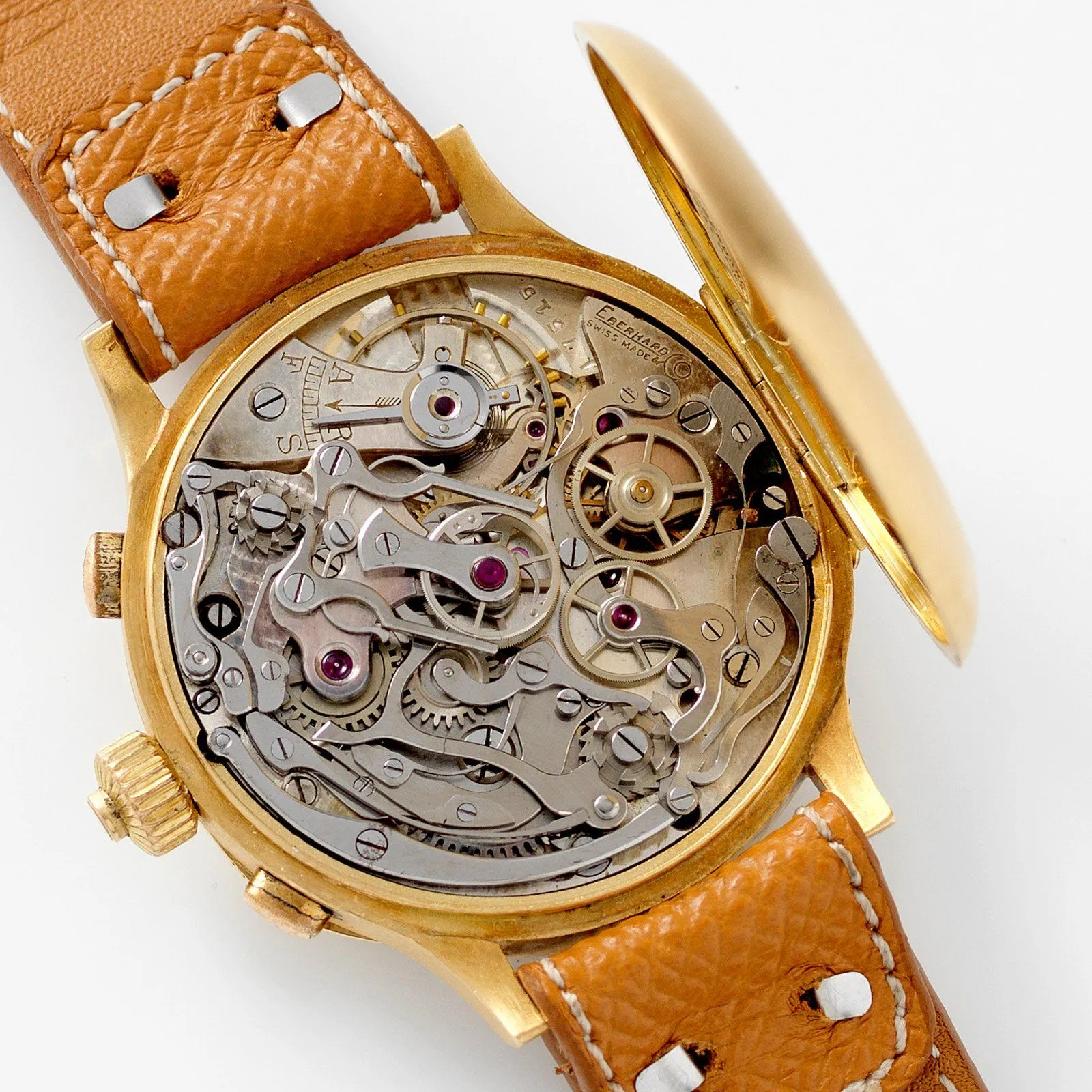 Eberhard Split Seconds Chronograph Yellow Gold Case Gilt Dial