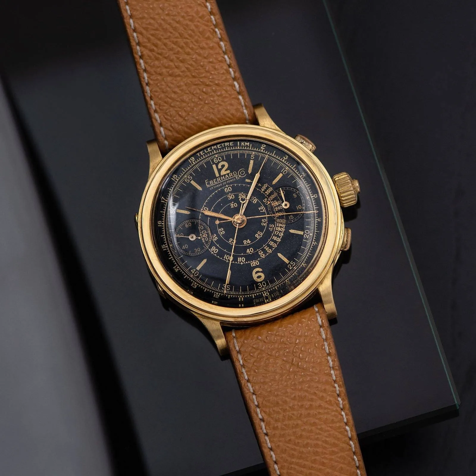 Eberhard Split Seconds Chronograph Yellow Gold Case Gilt Dial