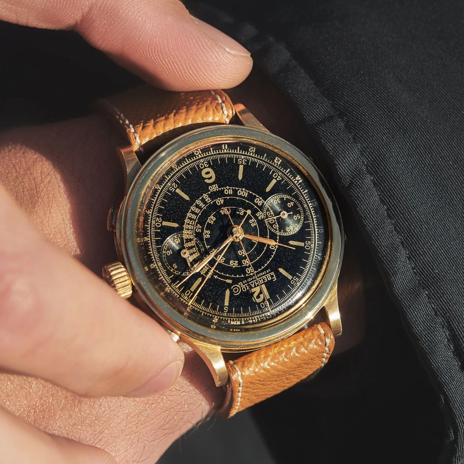 Eberhard Split Seconds Chronograph Yellow Gold Case Gilt Dial