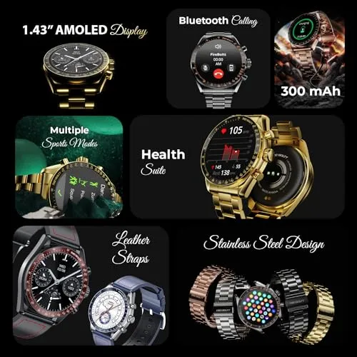 Fire-Boltt Moonwatch 36.3mm (1.43 inch) AMOLED Display, Wireless Charging, Metallic Frame, Stainless Steel Luxury Straps, Complete Health Suite, Bluetooth Calling, Sports Modes (Gold)