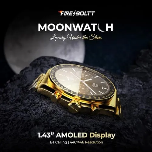 Fire-Boltt Moonwatch 36.3mm (1.43 inch) AMOLED Display, Wireless Charging, Metallic Frame, Stainless Steel Luxury Straps, Complete Health Suite, Bluetooth Calling, Sports Modes (Gold)