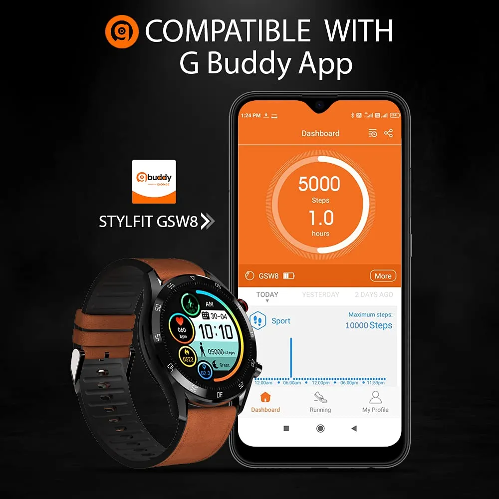 GIONEE STYLFIT GSW8 Smartwatch with Bluetooth Calling and Music, Built-in mic & Speaker, Internal Storage, HR Monitoring, Multiple Sport Mode, Full Touch Control (Sienna Brown), Regular