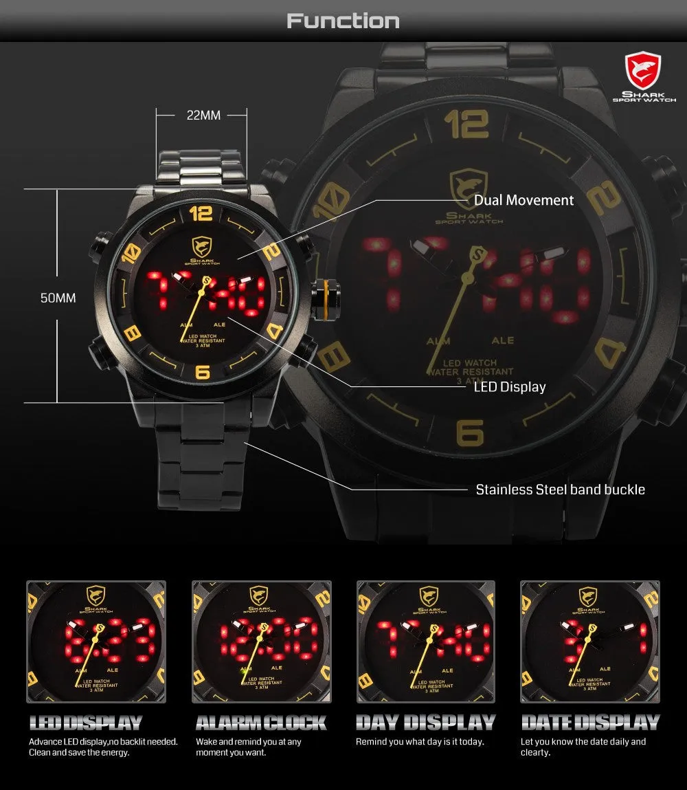 Gulper Shark Sport Watch Stainless Steel Band Water Resistance Dual Movement LED Calendar Display Men's Quartz Watch