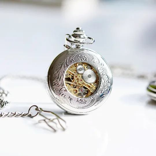 Handwriting Engraved Roman Skeleton Pocket Watch