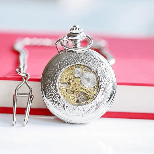 Handwriting Engraved Roman Skeleton Pocket Watch