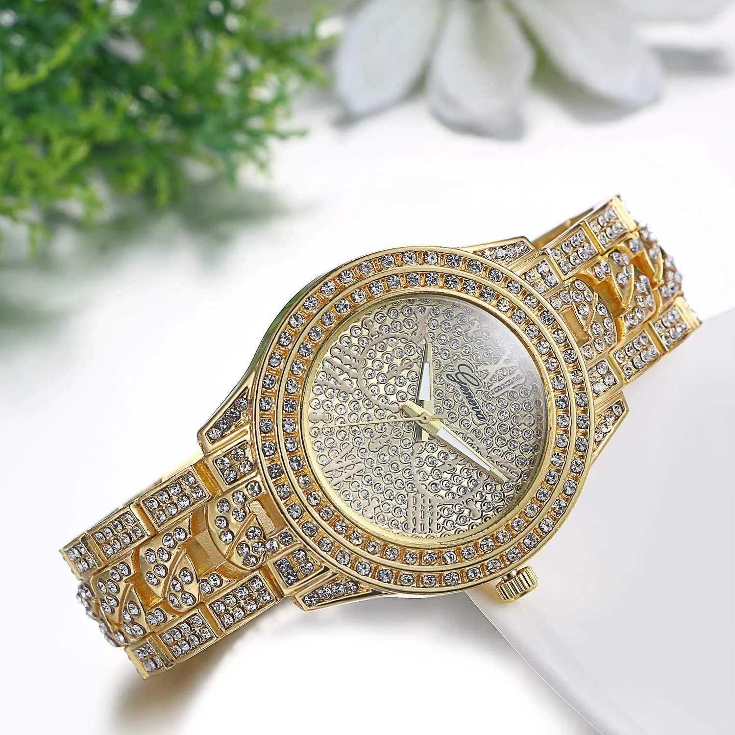 JewelryWe Men Women Watches Gold Tone Alloy Quartz Watch Stylish Rhinestone Business Casual Dress Wristwatches for Valentine’s Day