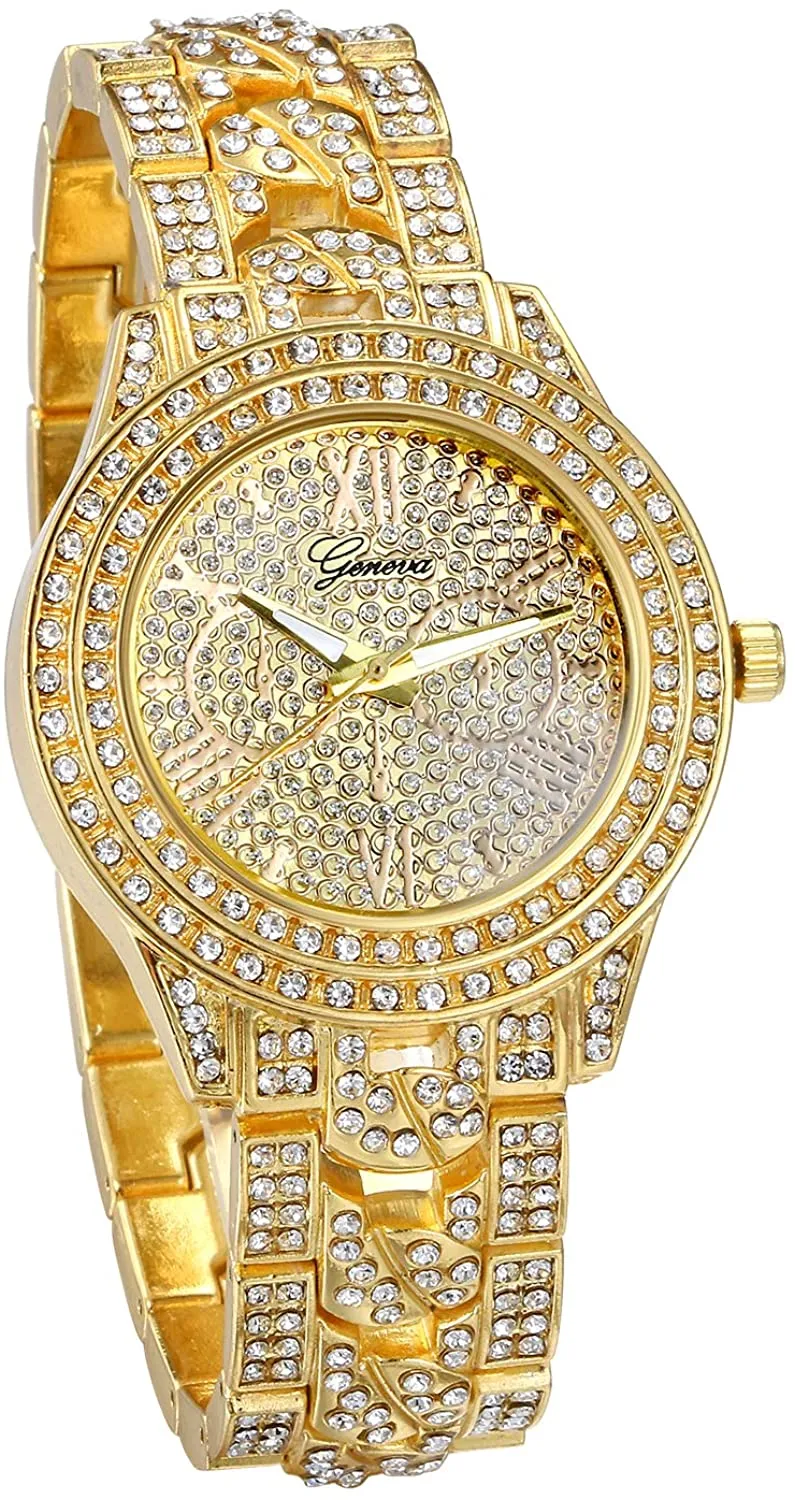 JewelryWe Men Women Watches Gold Tone Alloy Quartz Watch Stylish Rhinestone Business Casual Dress Wristwatches for Valentine’s Day