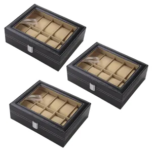 Kuber Industries 10 Slots Watch Organizer|Watch Storage Box For Men & Women|Secure Closer|Wrist Watch Display BoxBlack|Pack of 3|