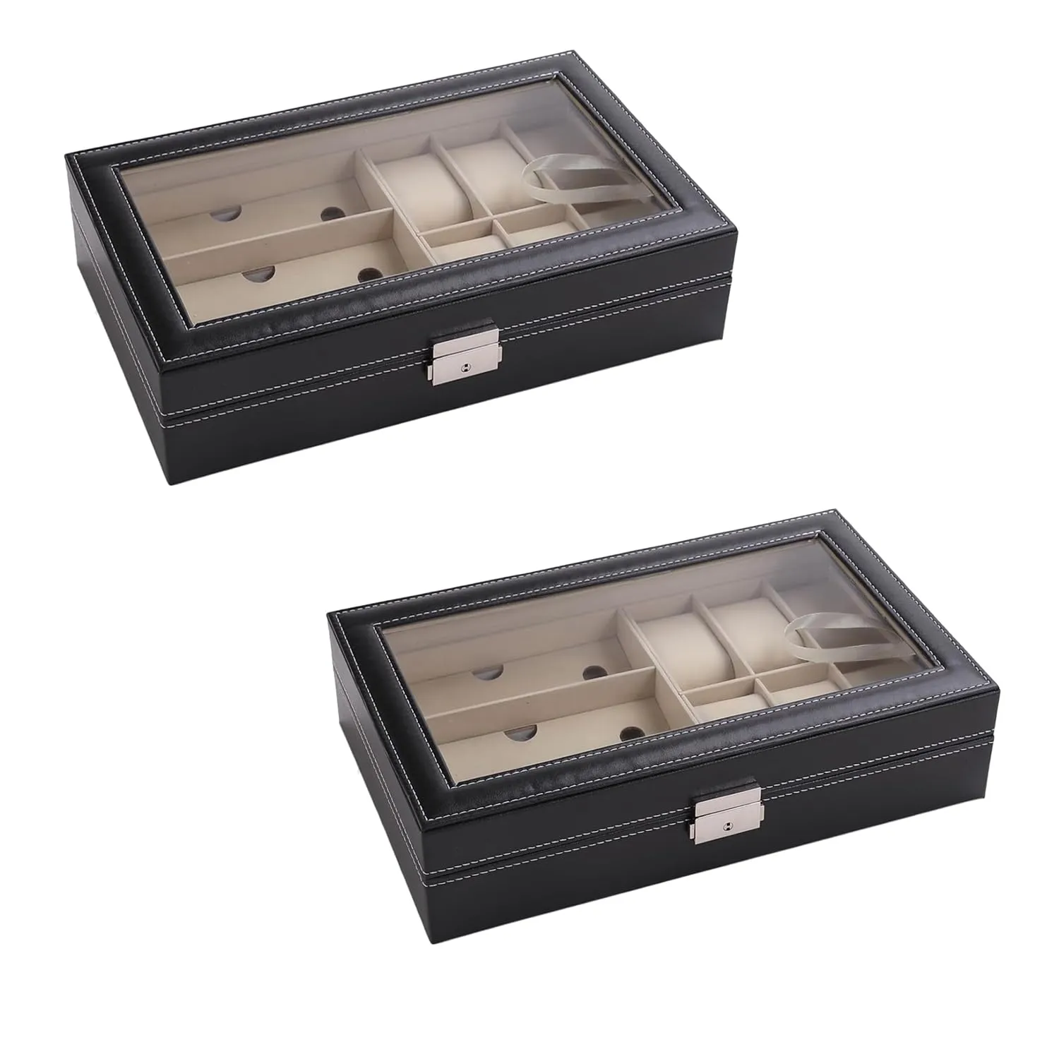 Kuber Industries 6 Slot Watch Storage Box With 3 Slot Glasses organizer|Black|Pack of 2|