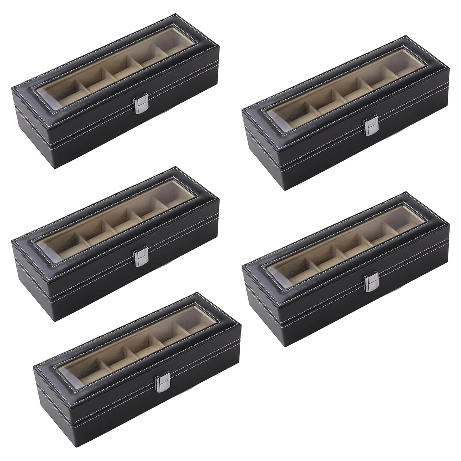 Kuber Industries 6 Slots Watch Organizer|Watch Storage Box For Men & Women|Secure Closer|Wrist Watch Display BoxBlack|pack of 5|