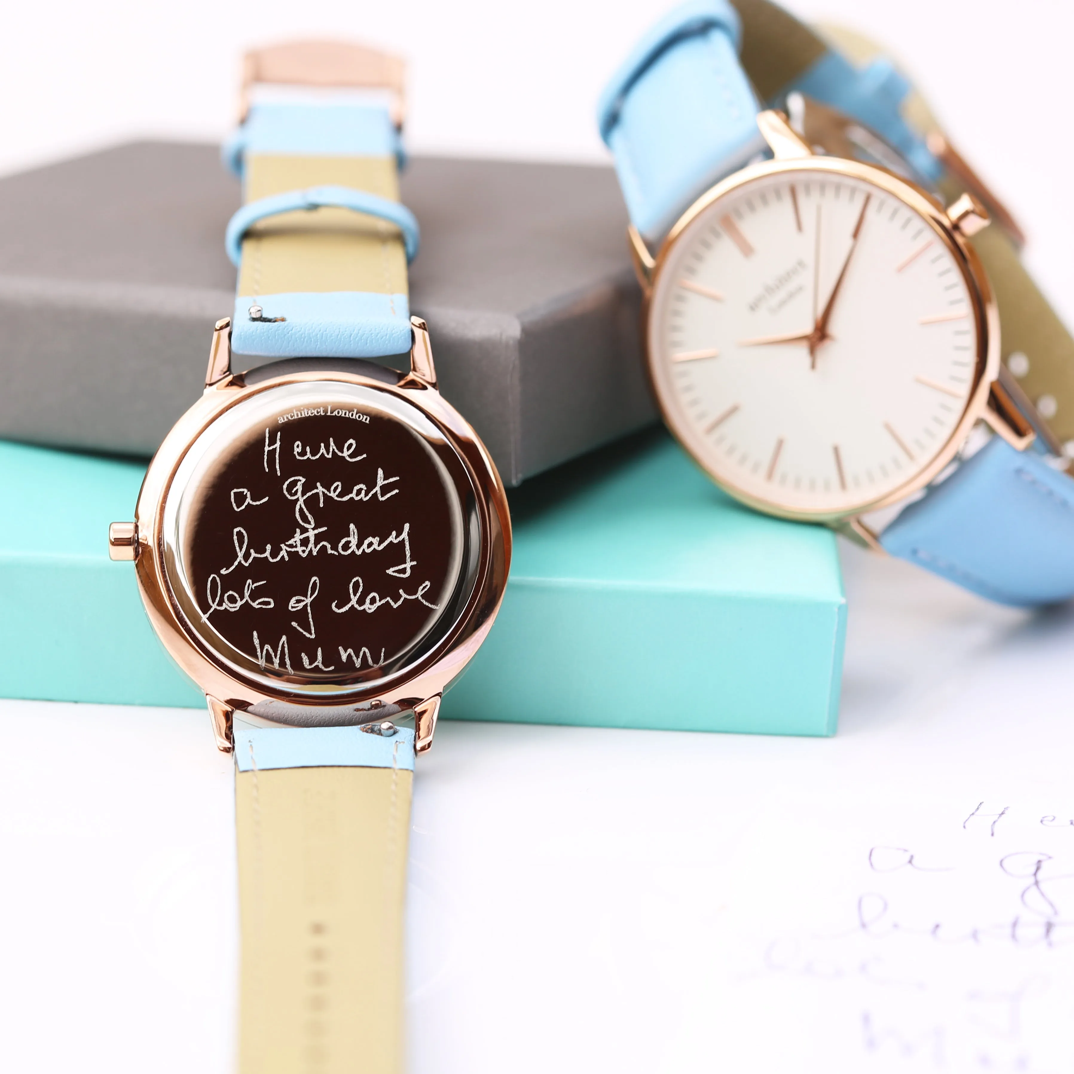 Ladies Archiect Blanc - Handwriting Engraving, Light Blue Strap