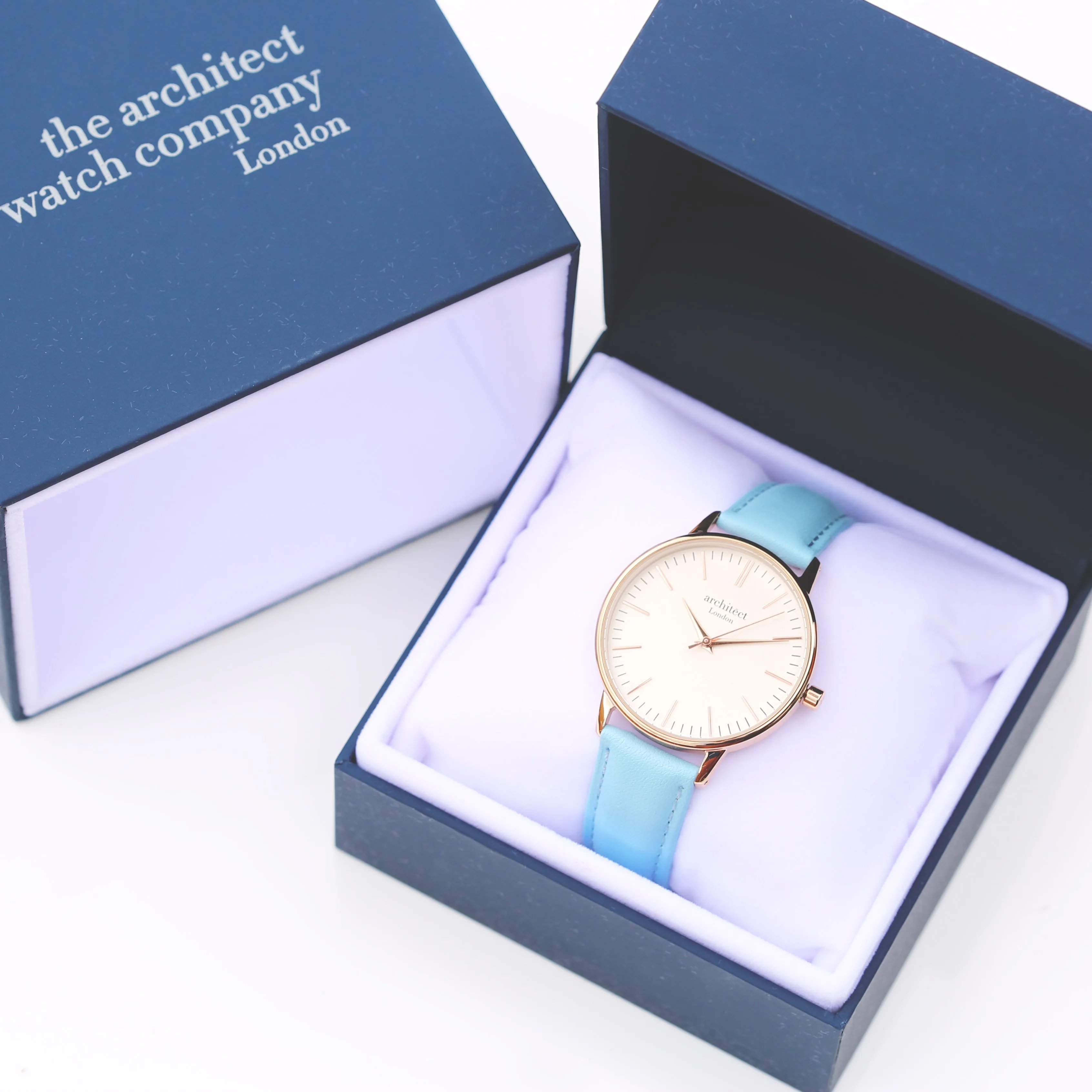 Ladies Archiect Blanc - Modern Font Engraving, Light Blue Strap