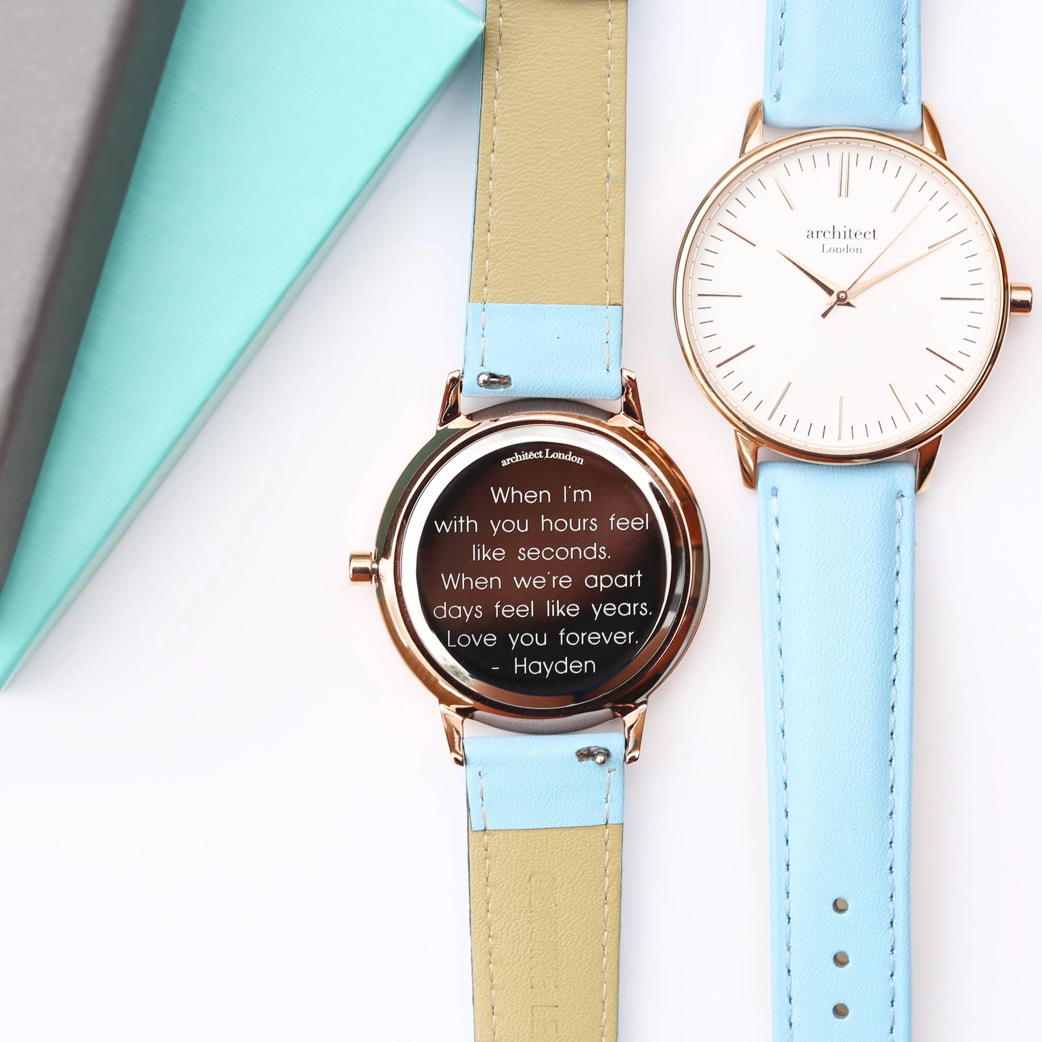 Ladies Archiect Blanc - Modern Font Engraving, Light Blue Strap