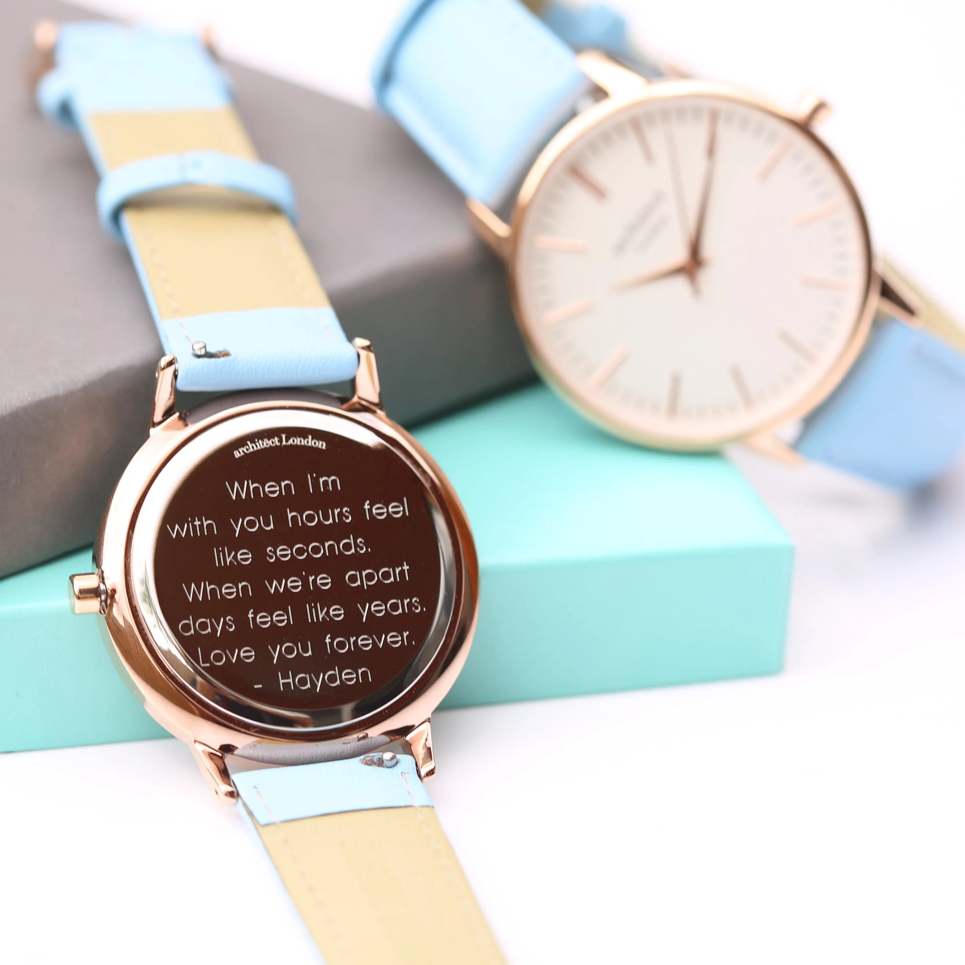 Ladies Archiect Blanc - Modern Font Engraving, Light Blue Strap