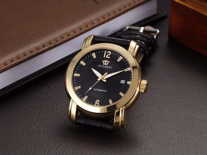 Men Mechanical Hand Wind Classic Simple Black Stainless Steel Case Luxury Date Clock Mens Wrist Watch,Leather Strap Men Watches