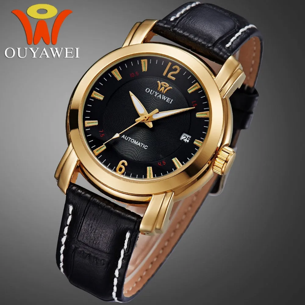 Men Mechanical Hand Wind Classic Simple Black Stainless Steel Case Luxury Date Clock Mens Wrist Watch,Leather Strap Men Watches