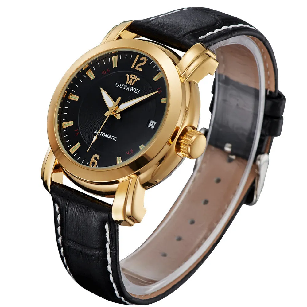 Men Mechanical Hand Wind Classic Simple Black Stainless Steel Case Luxury Date Clock Mens Wrist Watch,Leather Strap Men Watches