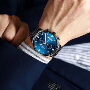 Men's Waterproof Quartz Chronograph Dress Watch with Stainless Steel Band