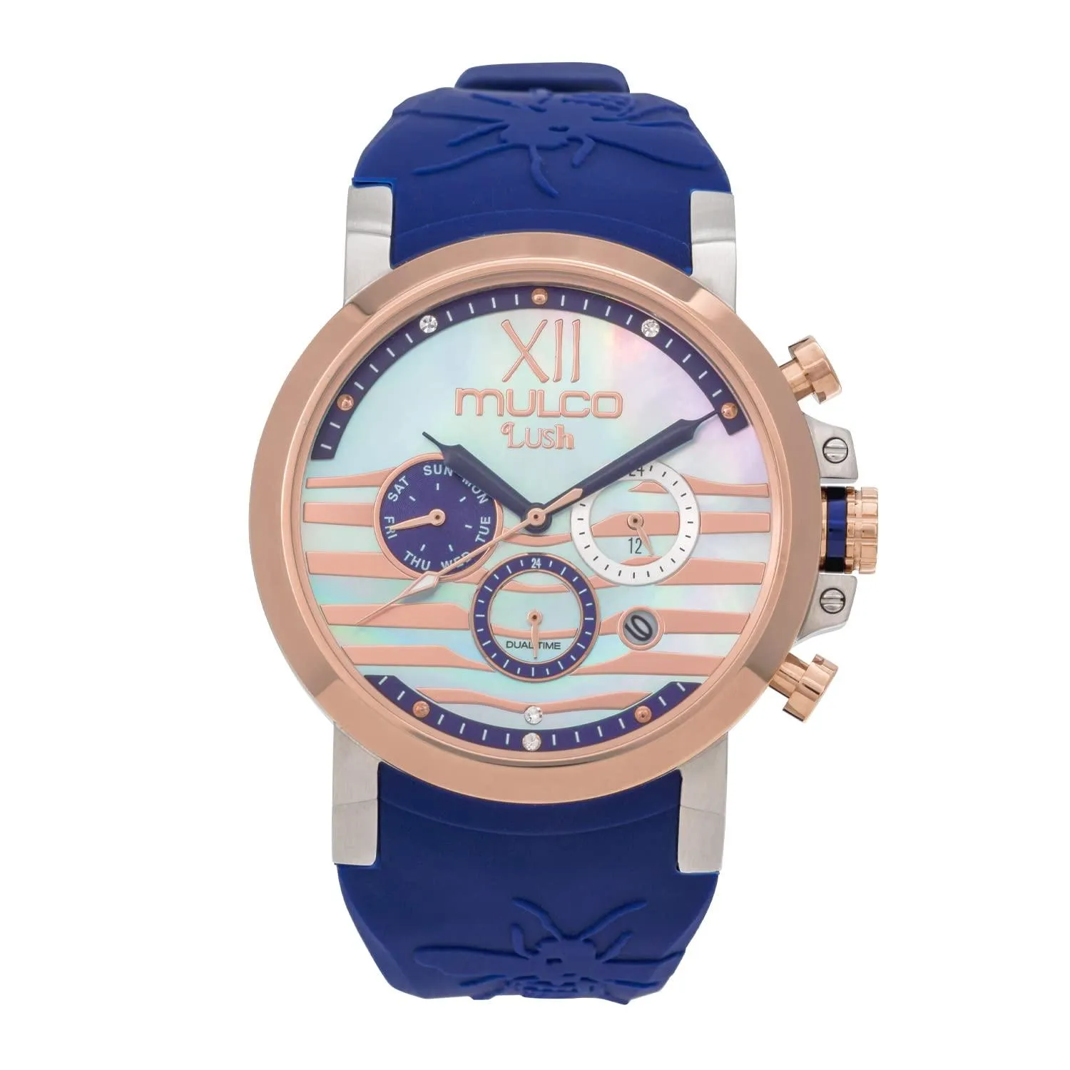 MULCO Lush Bee Stainless Steel Watches for Women with Quartz Analog Multifunctional Movement, Swarovski Stones and Silicone Strap - Mineral Anti Scratching Coating and Water Resistant - Blue