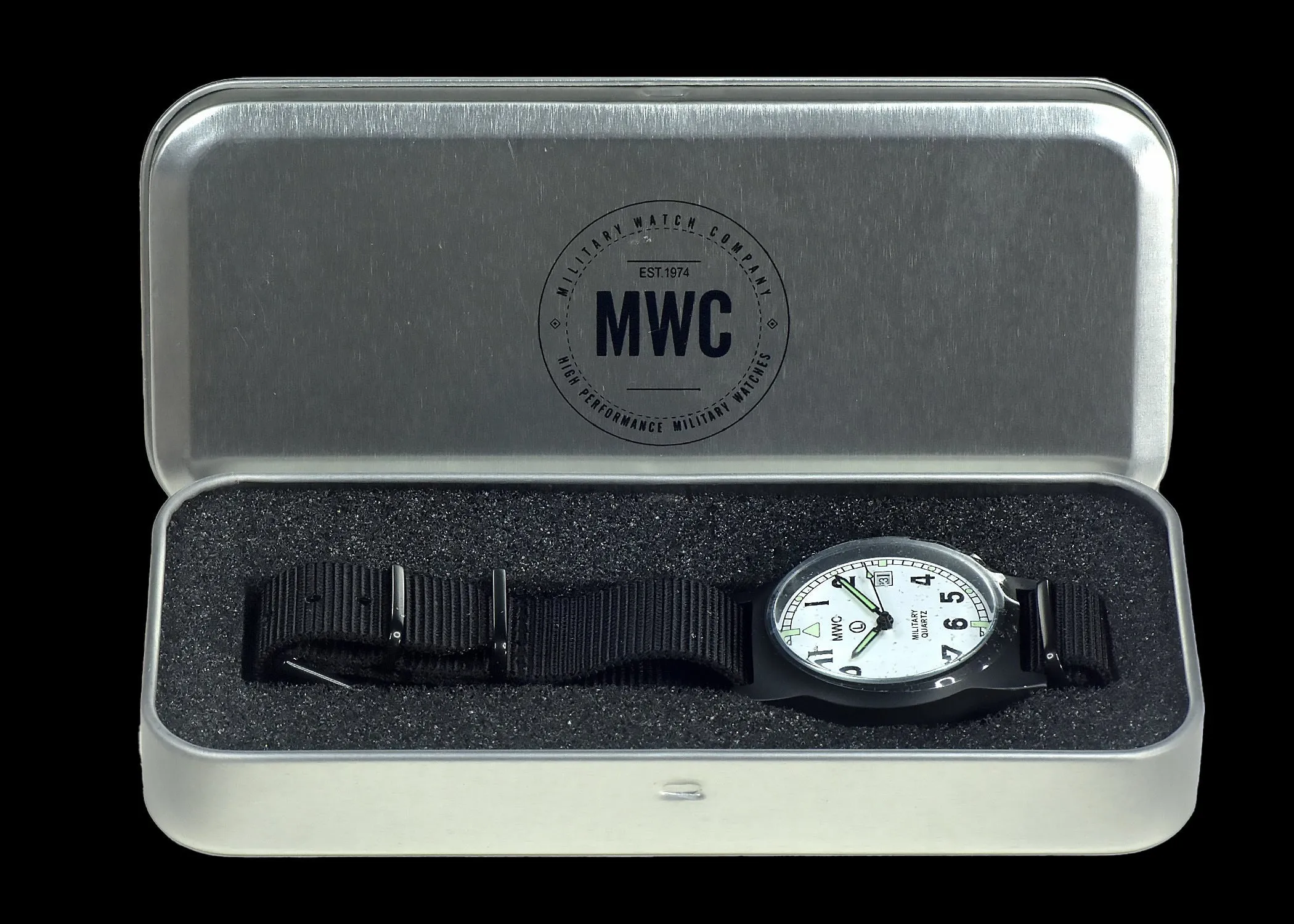 MWC G10LM European Pattern Military Watch With White Dial in Covert Non Reflective Black PVD Steel (Date Version)