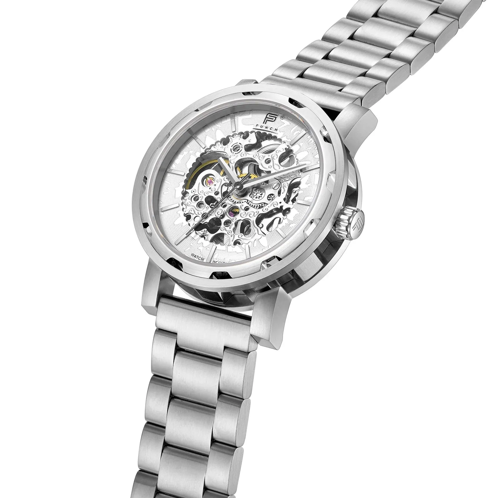 PUNCH Mens Watch, Silver & White Skeleton Automatic Watch - Silver Metal Strap