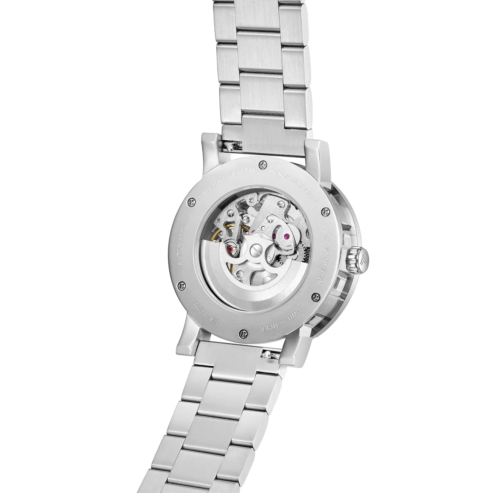 PUNCH Mens Watch, Silver & White Skeleton Automatic Watch - Silver Metal Strap