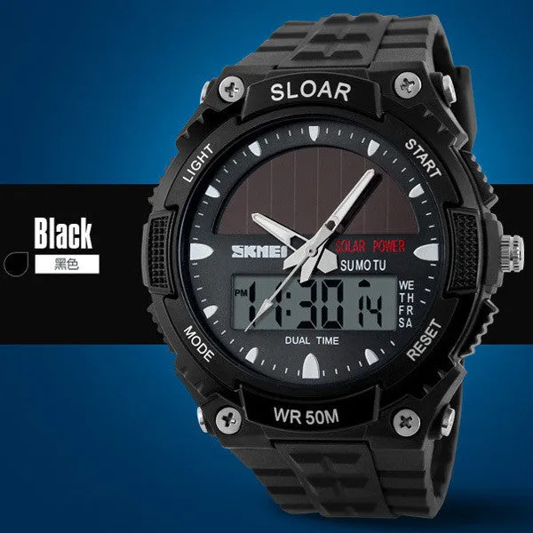 SKMEI Solar Wristwatch Power Sport Watches Men Luxury Brand 50M Waterproof Outdoor LCD Digital Watch Military Watch