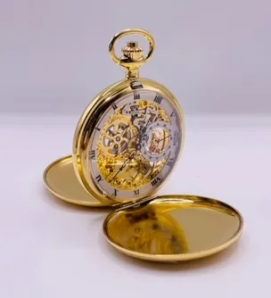 Unique Mechanical Skeleton Gold Pocket Watch – Double Opening, Exquisite Design