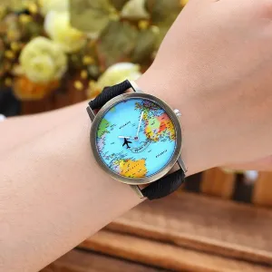 Unisex Retro Bronze Case Global Travel by Plane World Map PU Leather Band Quartz Watch