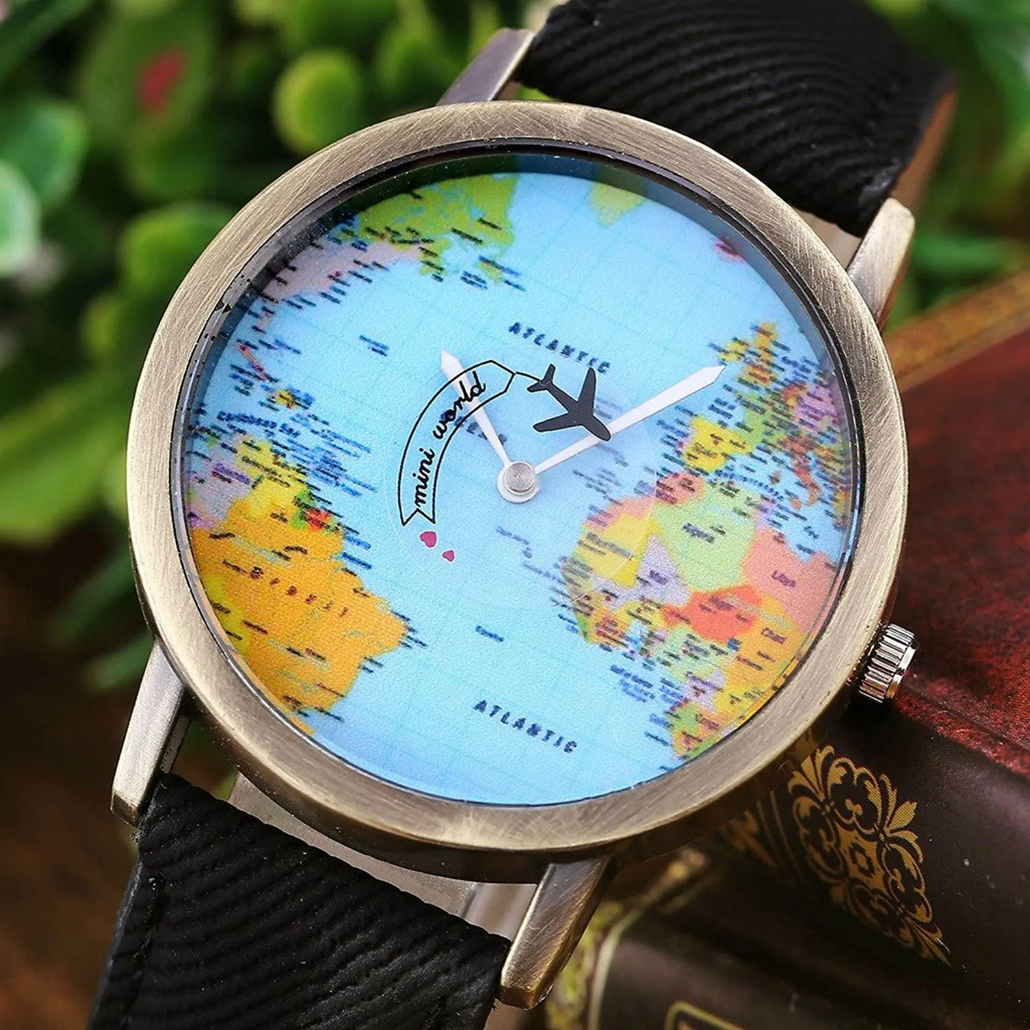 Unisex Retro Bronze Case Global Travel by Plane World Map PU Leather Band Quartz Watch