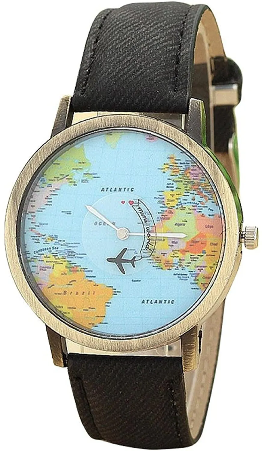 Unisex Retro Bronze Case Global Travel by Plane World Map PU Leather Band Quartz Watch