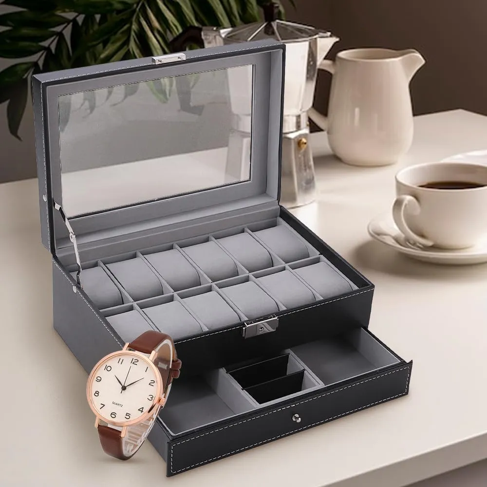 Urbane Home Double Layer 12 Slots Watch And Jewellery Organizer (Black)