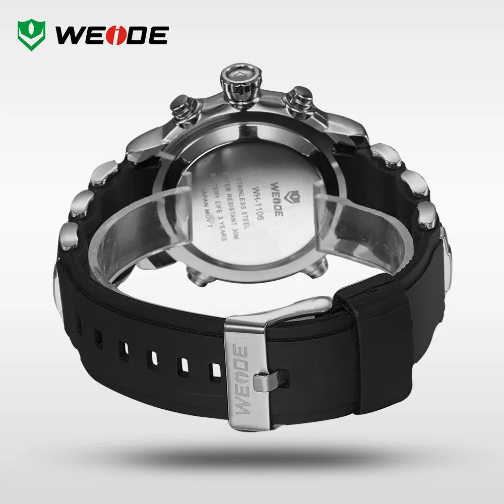 WEIDE Clock Water Resistant For Man Brand Luxury Round Shape Black Silicone Band Digital Japan Quartz Movements Alarm LED Watch